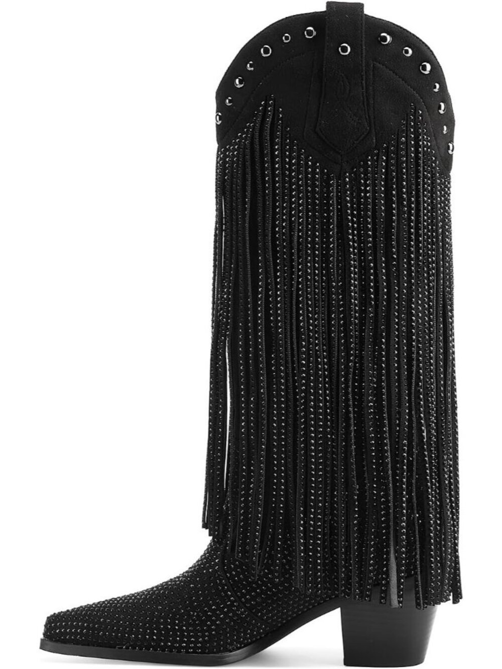 Women's Black Rhinestone Fringe Cowgirl Boots Pointed Toe Sparkly Western Boots